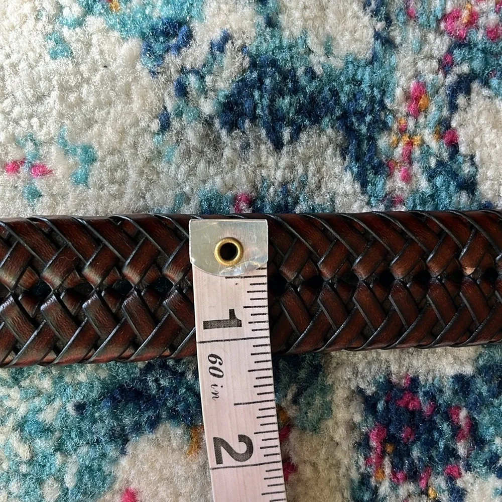 Brown woven leather belt with silver buckle size 38